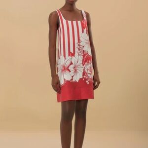 FARM Rio Floral Chain Stripes Multicolor Sleeveless 100% Linen Dress, boxy fit.